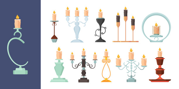 烛台。燃火烛台上复古金属烛台古装饰向量收藏图片下载
