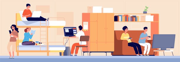 大学宿舍。学生宿舍，可选择宿舍住宿。卡通男孩女孩青少年工作学习玩矢量插图图片下载