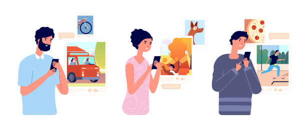 人们浏览社交网络。女孩浏览手机，学生分享照片。智能手机聊天，在线影响或成瘾矢量插图图片下载