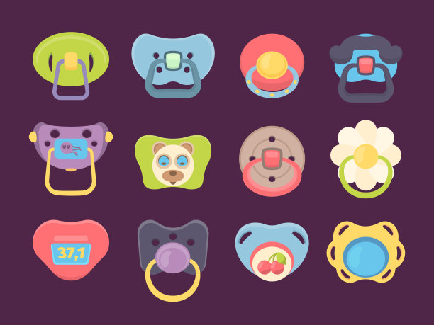 奶嘴。新生儿配件有趣的彩色硅胶安抚奶嘴矢量集图片下载