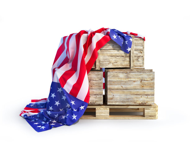木箱覆盖美国国旗隔离。美国商品的概念。三维演示图片下载