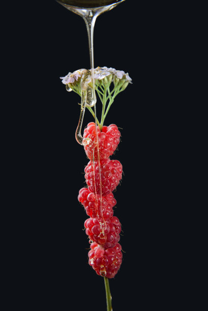 带有蜂蜜的树莓位于千叶草上，是一种抗炎和免疫增强剂图片下载
