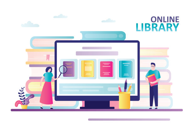 可爱的女人用放大镜找书。书店在电脑屏幕上。男性角色拿着书。网络图书馆、网络档案和教育的概念图片下载