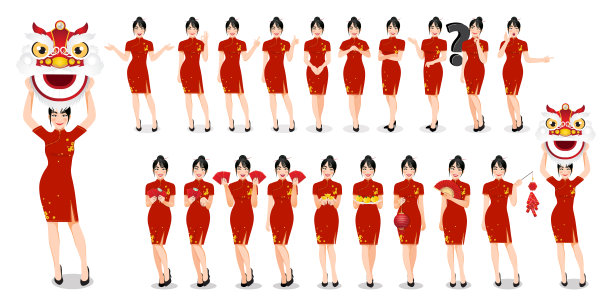 中国妇女在传统风格的服装中设置不同的手势孤立的中国新年概念矢量插图图片下载