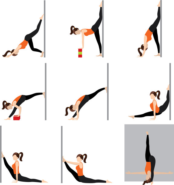 劈开和过度劈开对着墙壁瑜伽体式图片下载