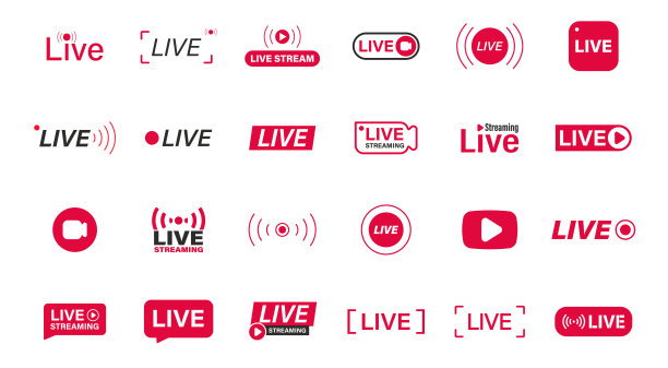 大量的红色直播图标。流,直播。视频直播流。社交媒体直播徽章。在线研讨会,广播。电视，节目，电影和现场表演的模板图片下载