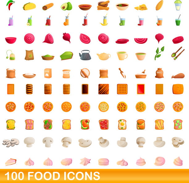 100个食物图标设置卡通风格图片下载