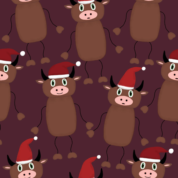 红色背景上有公牛和圣诞老人帽子的无缝图案图片下载