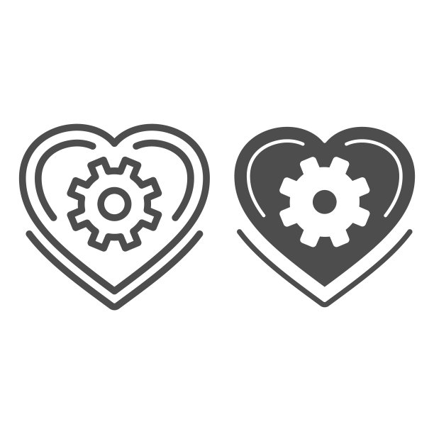 机械心线和固体图标，机器人化概念，爱的机制标志在白色的背景，心形与齿轮内的图标在轮廓风格的移动概念和网页设计。矢量图形。图片下载