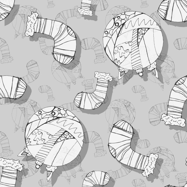 2021年的新年模式。圣诞玩具球和袜子的草图和礼物在浅灰色的背景。印刷和包装。图片下载