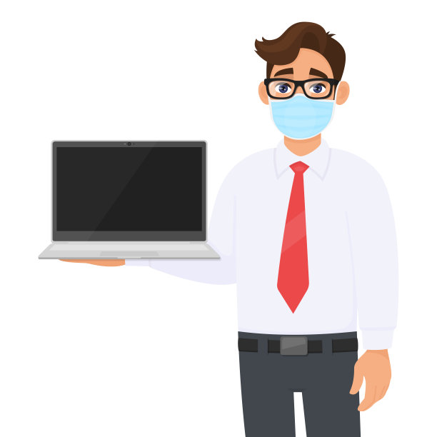 年轻商人在安全医疗面具显示笔记本电脑屏幕。持有最新个人电脑者。男性角色在正式场合戴眼镜。冠状病毒疫情爆发。卡通插图图片下载