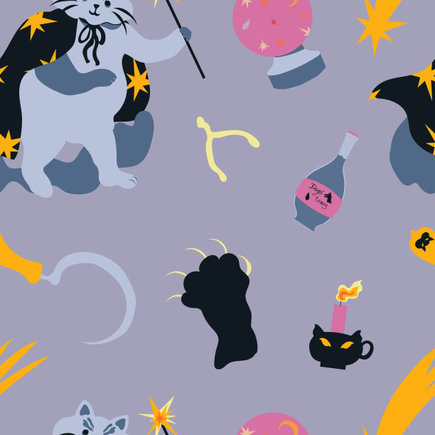 可爱的万圣节矢量无缝图案，以薰衣草色背景上的巫师猫及其魔法物品为特色图片下载