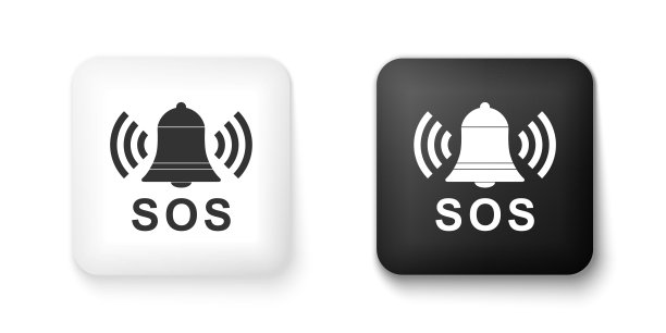 白色背景上的黑白警铃和SOS字母图标，警告铃，帮助标志，紧急求救按钮，方形按钮，矢量图图片下载