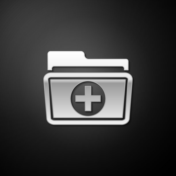 银色医疗健康记录文件夹，用于隔离在黑色背景上的医疗保健图标。病人文件图标。病史符号。长阴影风格。向量图片下载
