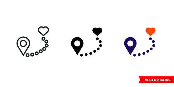 爱情路径图标有三种颜色、黑白、轮廓。孤立向量符号符号图片下载