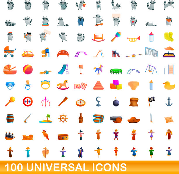 100个通用图标设置卡通风格图片下载