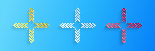 蓝色背景上隔离的纸质四个方向箭头图标。纸艺风格。矢量图片下载