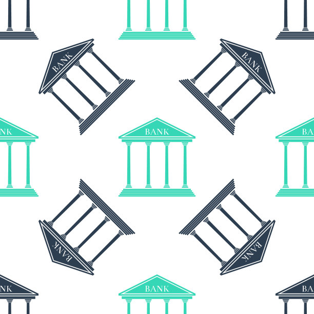 绿色银行建筑图标隔离无缝模式在白色背景上。向量图片下载