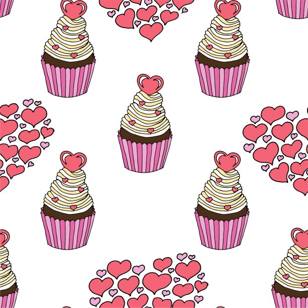 矢量图形将各种糖果和甜点装饰成无缝图案。情人节的心形图案和纸杯蛋糕。美丽的抽象图案与情人节无缝图案装饰设计。婚礼标志元素图片下载