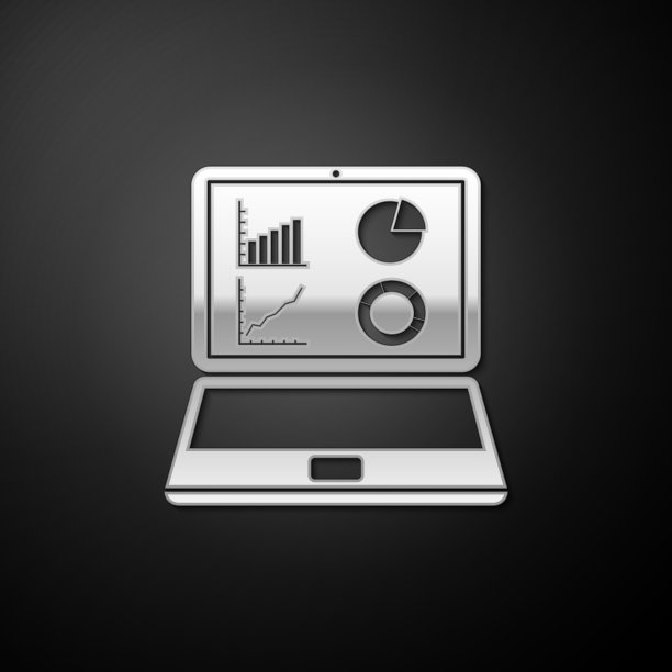 银色笔记本电脑图形图表图标孤立在黑色背景。报告文本文件图标。会计的迹象。审计、分析规划。长长的阴影风格。向量图片下载