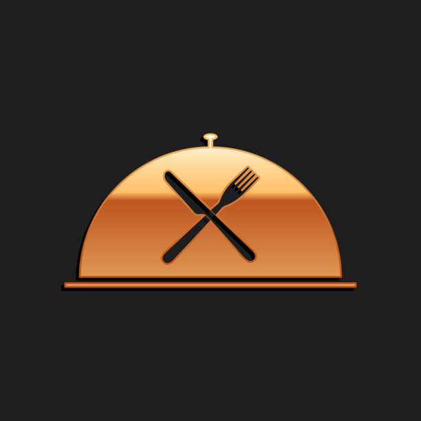 金色钟钟与交叉叉和刀图标孤立在黑色背景。餐厅的象征。长长的阴影风格。向量图片下载