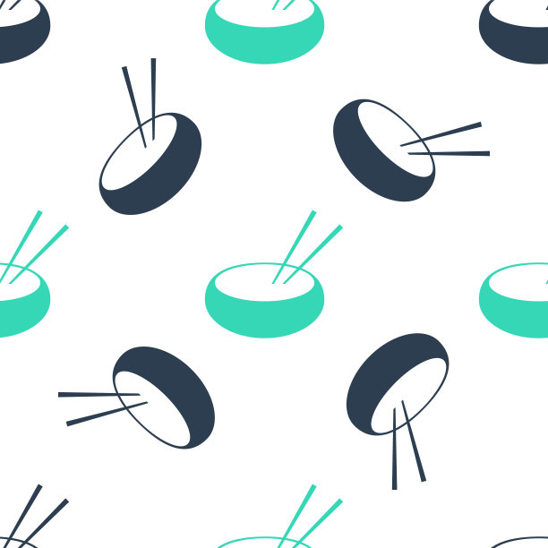 绿色碗与亚洲食物和一双筷子剪影图标孤立无缝模式的白色背景。概念准备，东方饮食。向量图片下载