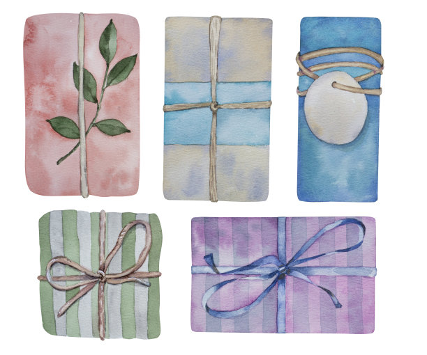 水彩假日插图。水彩礼盒套装。图片下载