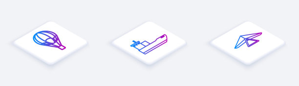 设置等距线热气球，货船和悬挂滑翔机。白色方形按钮。向量图片下载