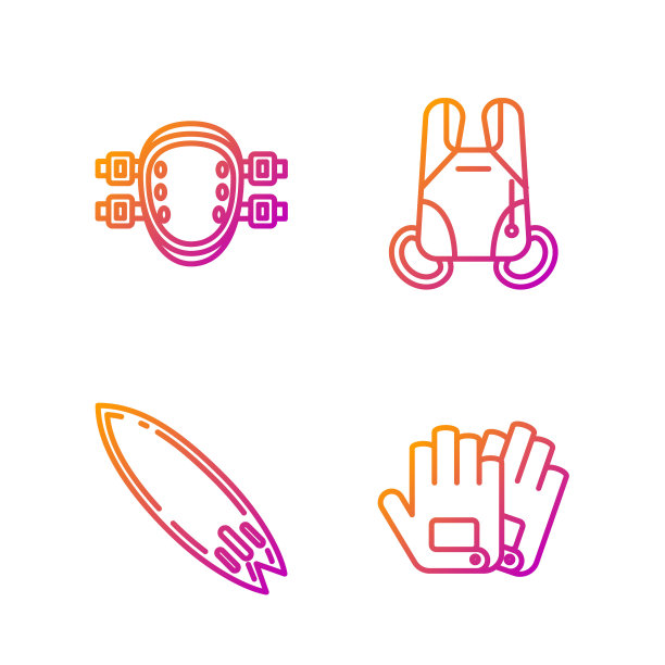 设置线手套，冲浪板，护膝和降落伞。渐变颜色图标。向量图片下载