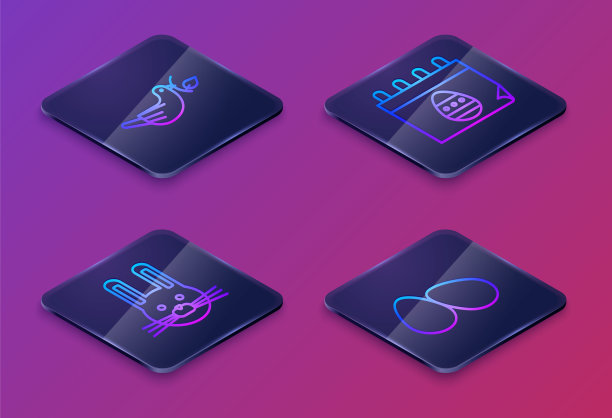 等距线和平鸽与橄榄枝，复活节兔子，日历与复活节彩蛋。蓝色方框按钮。向量图片下载