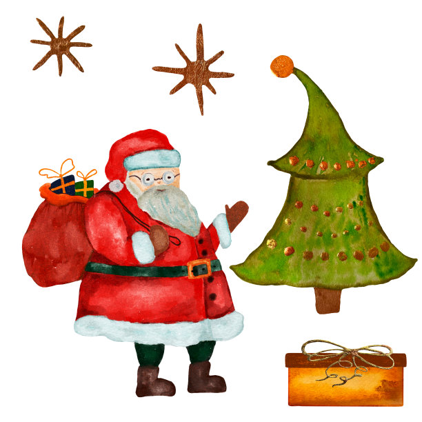 圣诞老人、圣诞树、雪花、礼物的水彩画。手绘水彩，适合所有类型的设计和印刷。图片下载