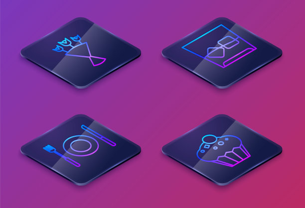 设置等距线花束，盘子，叉子和刀，杯威士忌和冰块和松饼。蓝色方块按钮。向量图片下载