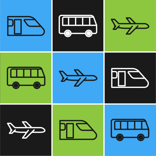设置线路火车，飞机和公共汽车图标。向量图片下载