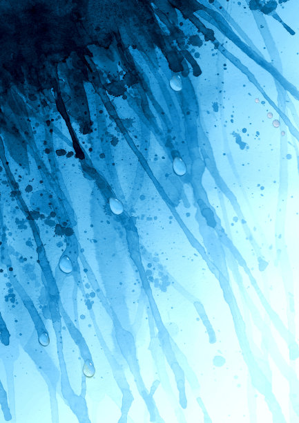 水彩蓝色飞溅背景。水彩手绘飞溅插图与3d效果滴。图片下载