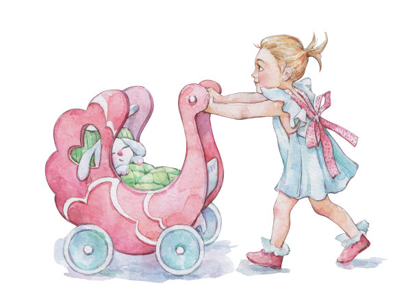 小女孩在玩婴儿车玩具图片下载