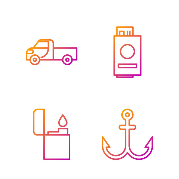 放绳锚，打火机，皮卡和带票护照。渐变颜色图标。向量图片下载