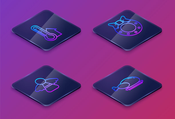 设置气象学测温仪等距线，圣诞天使，圣诞花环和烤火鸡或鸡。蓝色方块按钮。向量图片下载