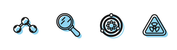设置直线太阳系，分子，放大镜和三角形与辐射图标。向量图片下载