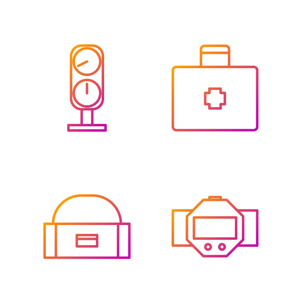 设潜水手表，摆动器的箱子或盒子容器，仪表秤和急救箱。渐变颜色图标。向量图片下载