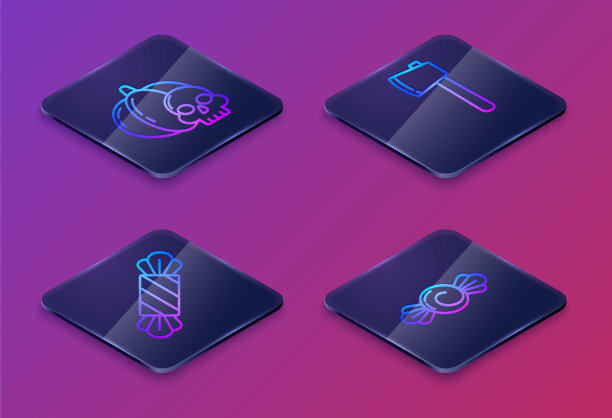 设定等距线南瓜和头骨，糖果，木斧和糖果。蓝色方块按钮。向量图片下载