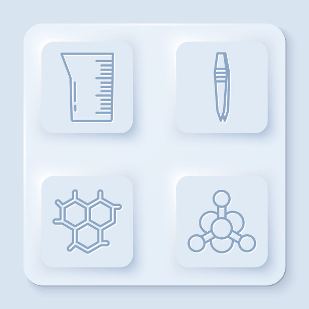 系列实验室玻璃器皿或烧杯，镊子，化学配方和细菌。白色正方形按钮。向量图片下载