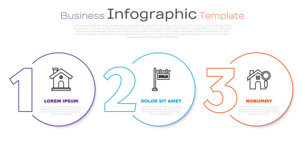 设置行房子，挂标志与文字出售和搜索房子。业务信息图模板。向量图片下载
