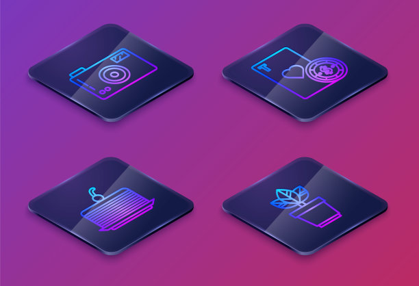 设置等距线相机，蛋糕，赌场筹码，扑克牌，花盆里的花。蓝色方形按钮。向量图片下载