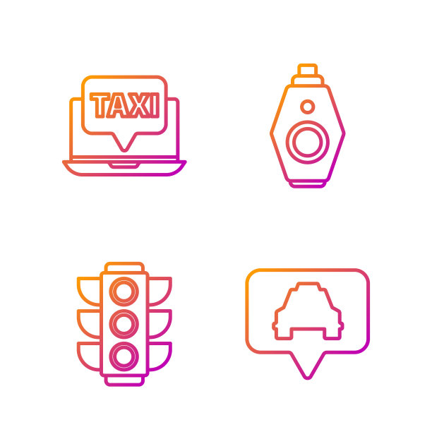 设置线地图指针与出租车，交通灯，笔记本叫出租车服务和汽车钥匙与远程。渐变颜色图标。向量图片下载