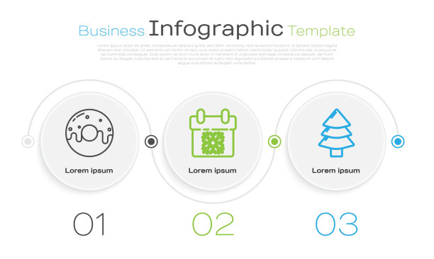设置线甜釉甜甜圈，日历和圣诞树。业务信息模板。向量图片下载