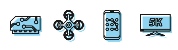 设置行移动和图形密码保护，RAM，随机存取内存，无人机和监视器显示与5k视频图标。向量图片下载