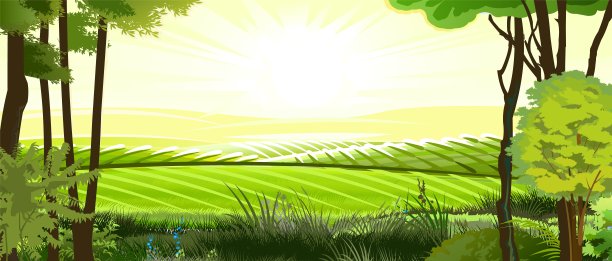 农村山。景观树。向量。为奶牛提供牧草，为菜园和农场提供地方。草地和树木。地平线。美丽的景色。夏天。图片下载