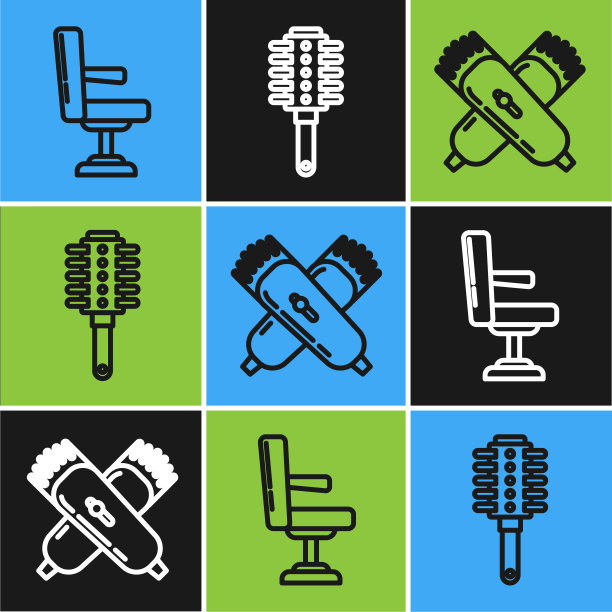 设置线理发店椅子，交叉电动理发器或剃须刀和发刷图标。向量图片下载