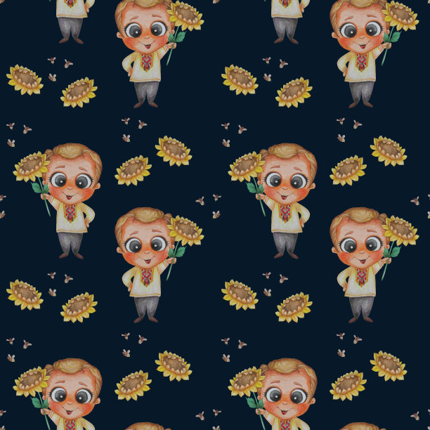 无缝模式。帅气的帅哥穿着一件绣花衬衫，手里拿着一棵黄色的向日葵，黑色的背景上有飞翔的蜜蜂。蜂蜜概念和养蜂。水彩手绘图片下载