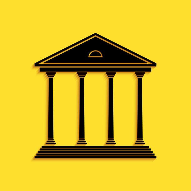 黑色法院大楼图标孤立在黄色背景上。建造银行或博物馆。长长的阴影风格。向量图片下载